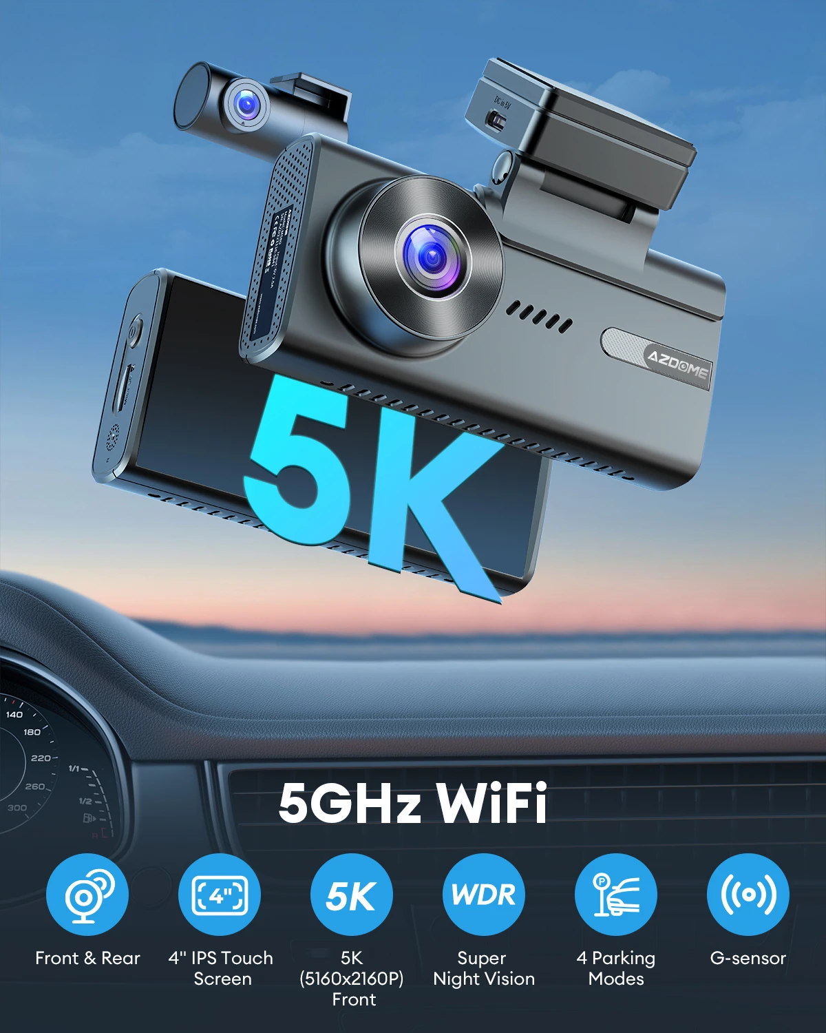 2 Lens Dash Camera, 5K Ultra HD Resolution